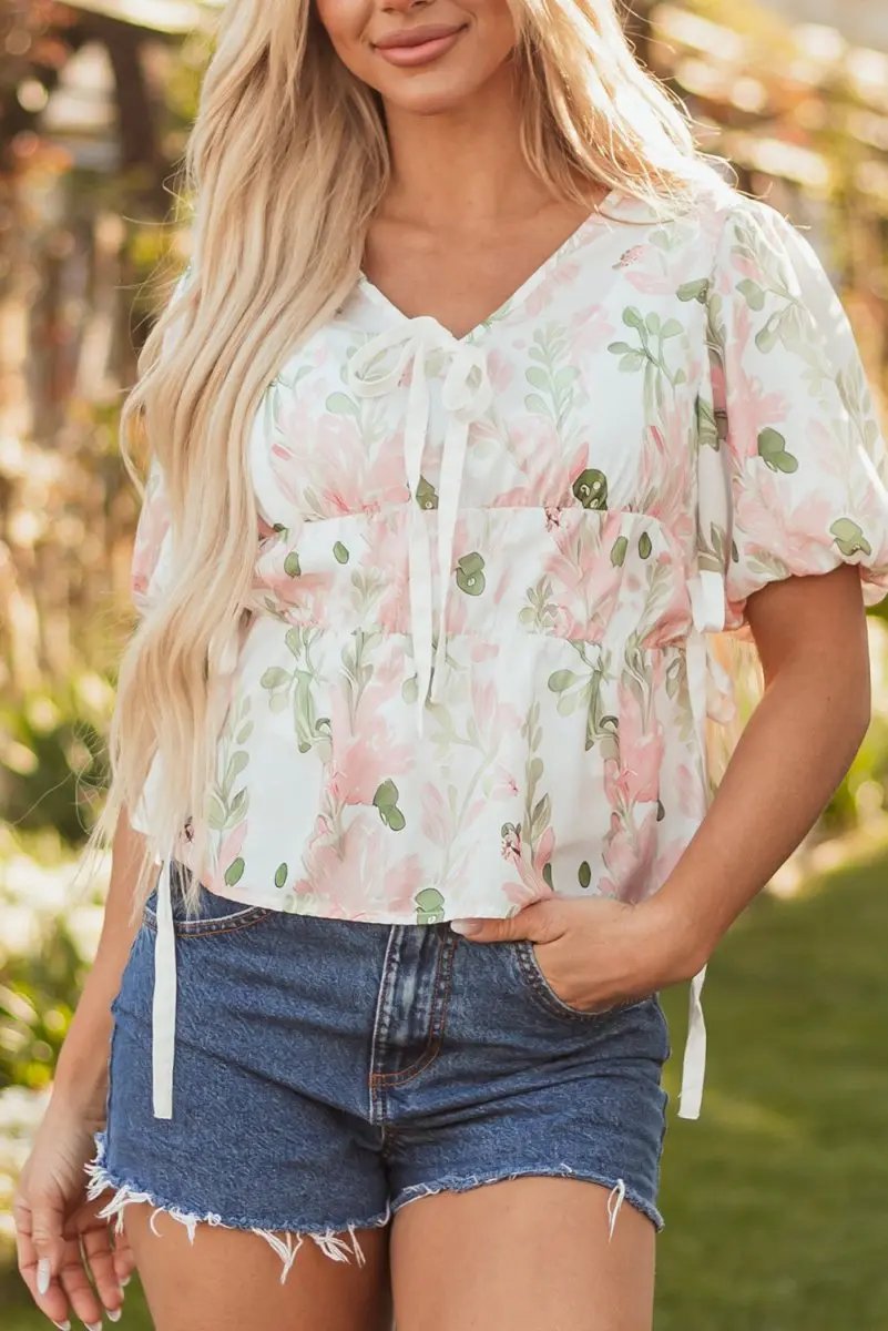 Pink Floral Puff Sleeve V Neck Tied Front Peplum Blouse - Love Salve